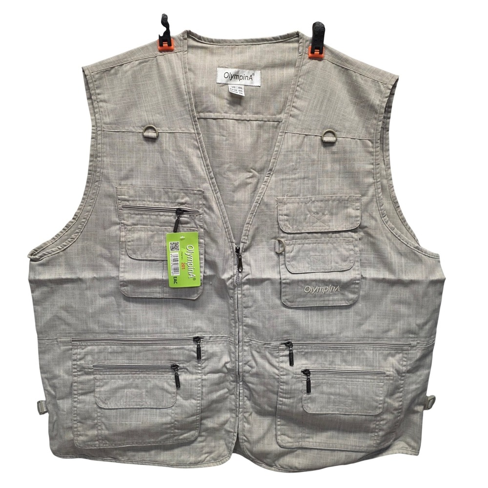OlympinA Mens 4XL Outdoor Utility Vest Gray Multi Pocket Fishing Hiking New